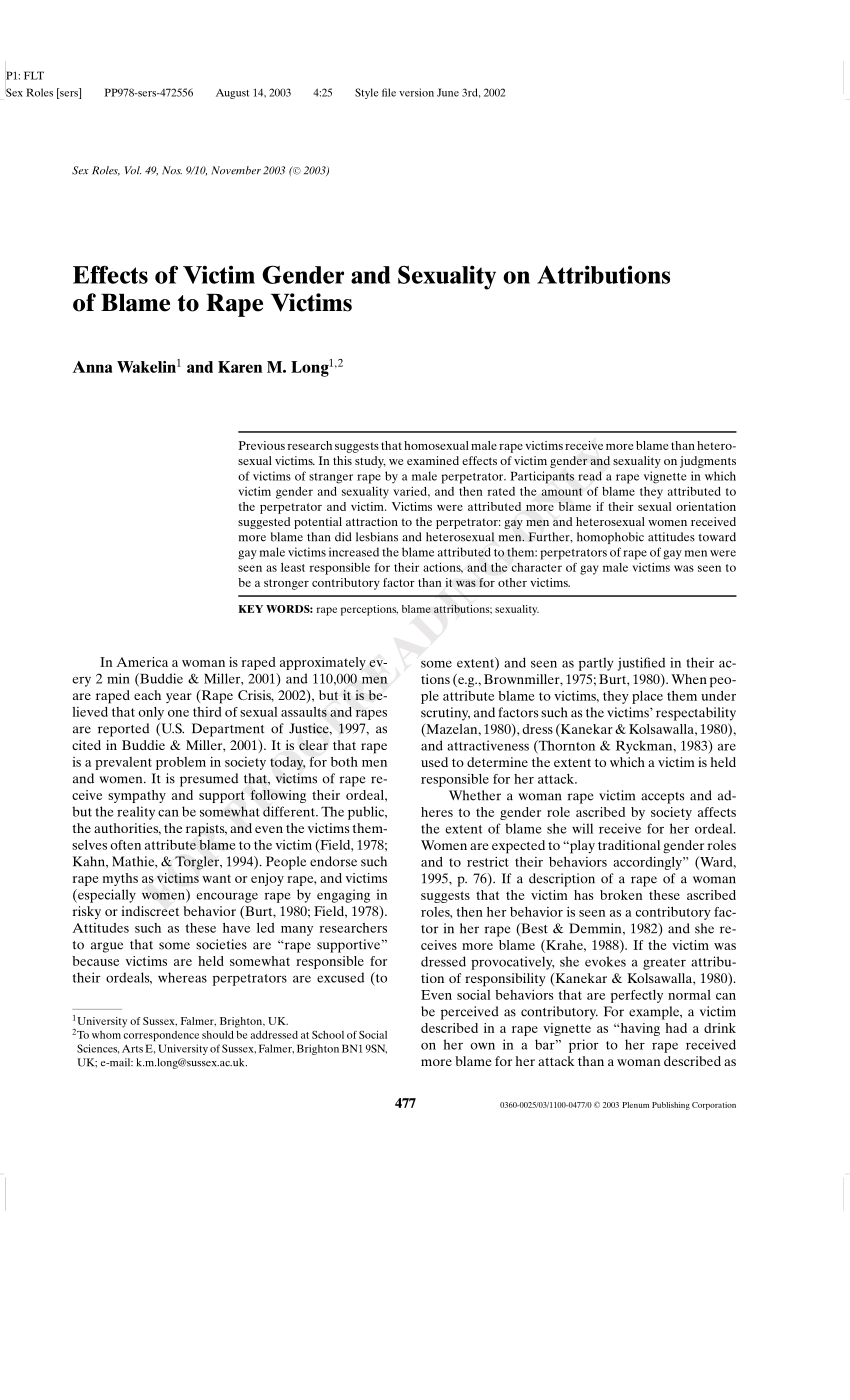 Pdf Effects Of Victim Gender And Sexuality On Attributions Of Blame To Rape Victims