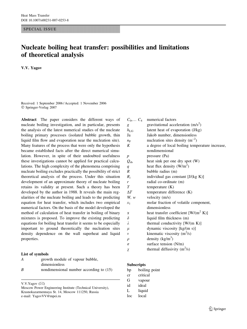 Pdf Nucleate Boiling Heat Transfer Possibilities And Limitations Of Theoretical Analysis 