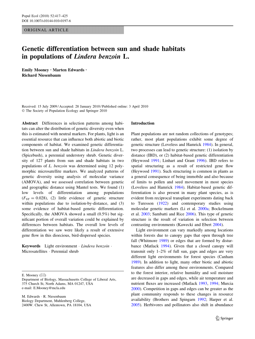 Pdf Genetic Differentiation Between Sun And Shade Habitats In