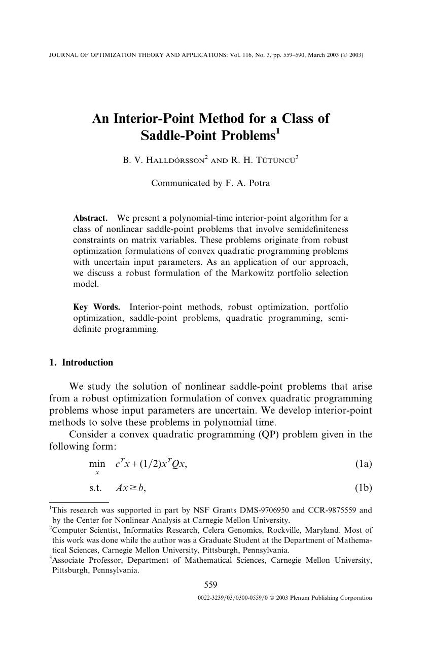 Pdf An Interior Point Method For A Class Of Saddle Point Problems