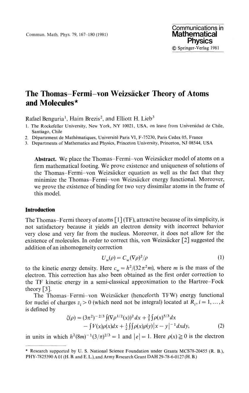 Pdf The Thomas Fermi Von Weizsacker Theory Of Atoms And Molecules