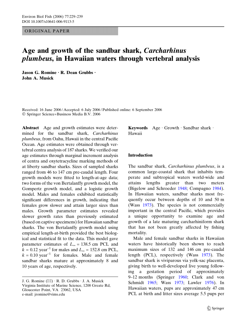 PDF) Age and growth of the sandbar shark, Carcharhinus plumbeus, in  Hawaiian waters through vertebral analysis