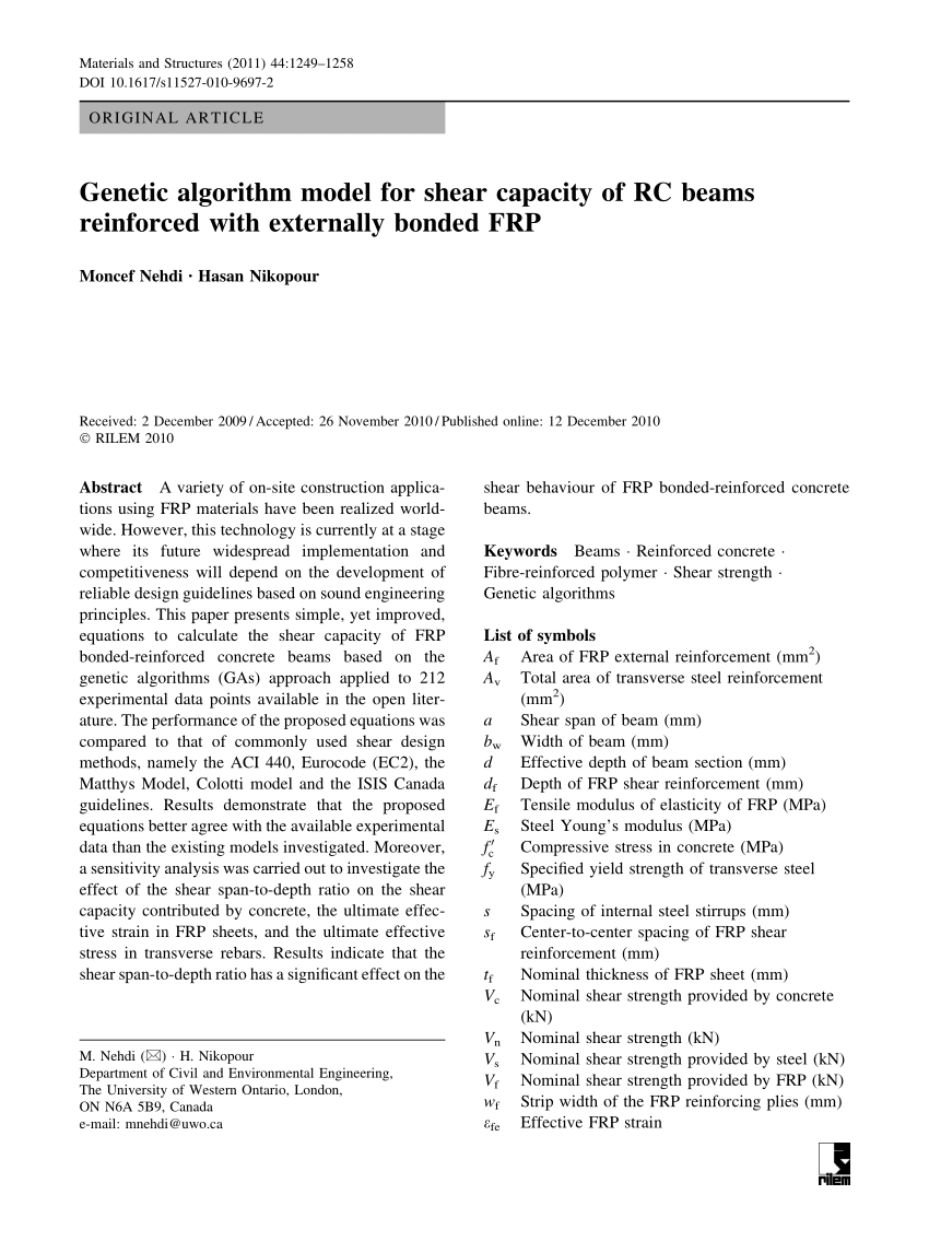 Pdf Genetic Algorithm Model For Shear Capacity Of Rc Beams Reinforced With Externally Bonded Frp