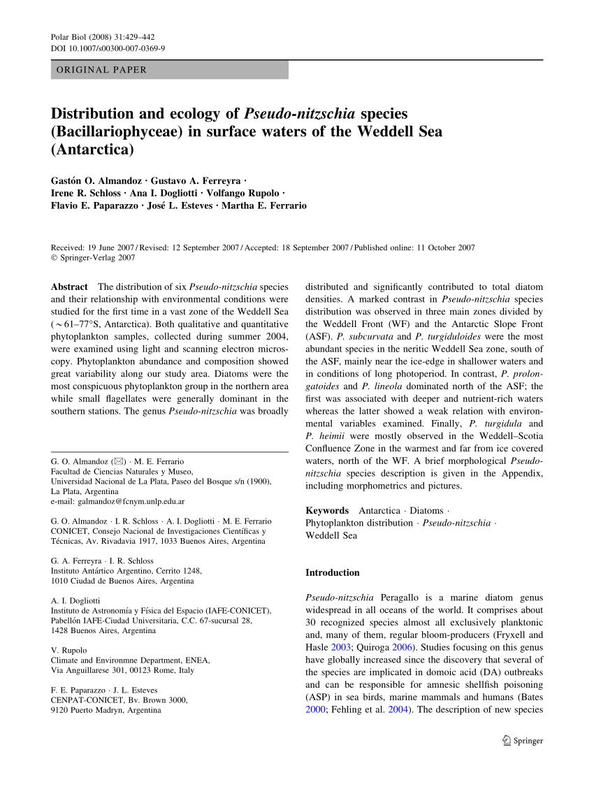 Pdf Distribution And Ecology Of Pseudo Nitzschia Species Bacillariophyceae In Surface Waters Of The Weddell Sea Antarctica