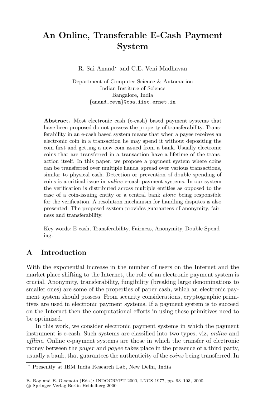 research paper on e cash payment system