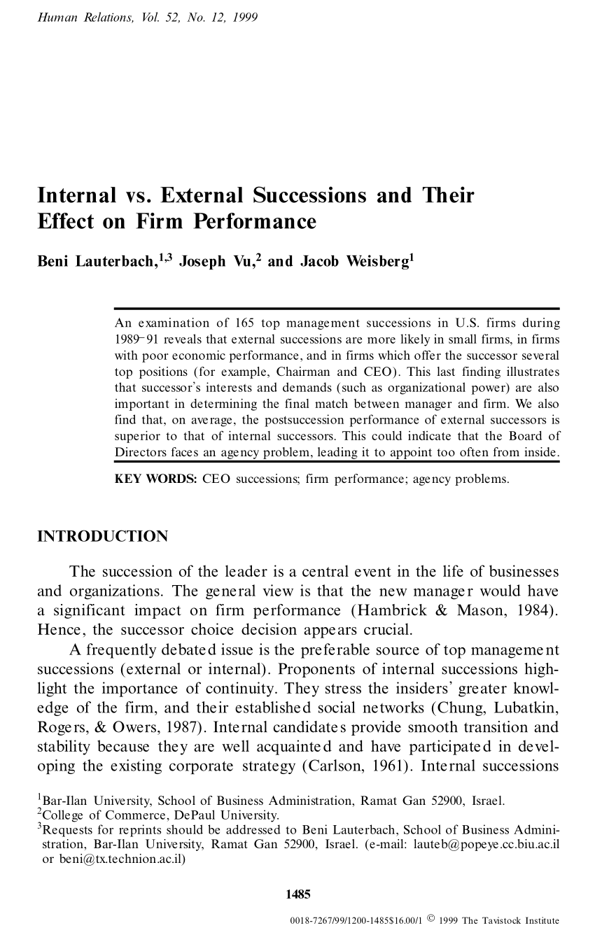 Pdf Internal Vs External Successions And Their Effect On Firm Performance