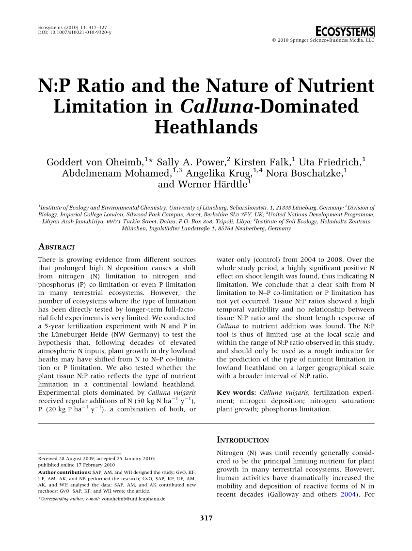 Pdf N P Ratio And The Nature Of Nutrient Limitation In Calluna Dominated Heathlands