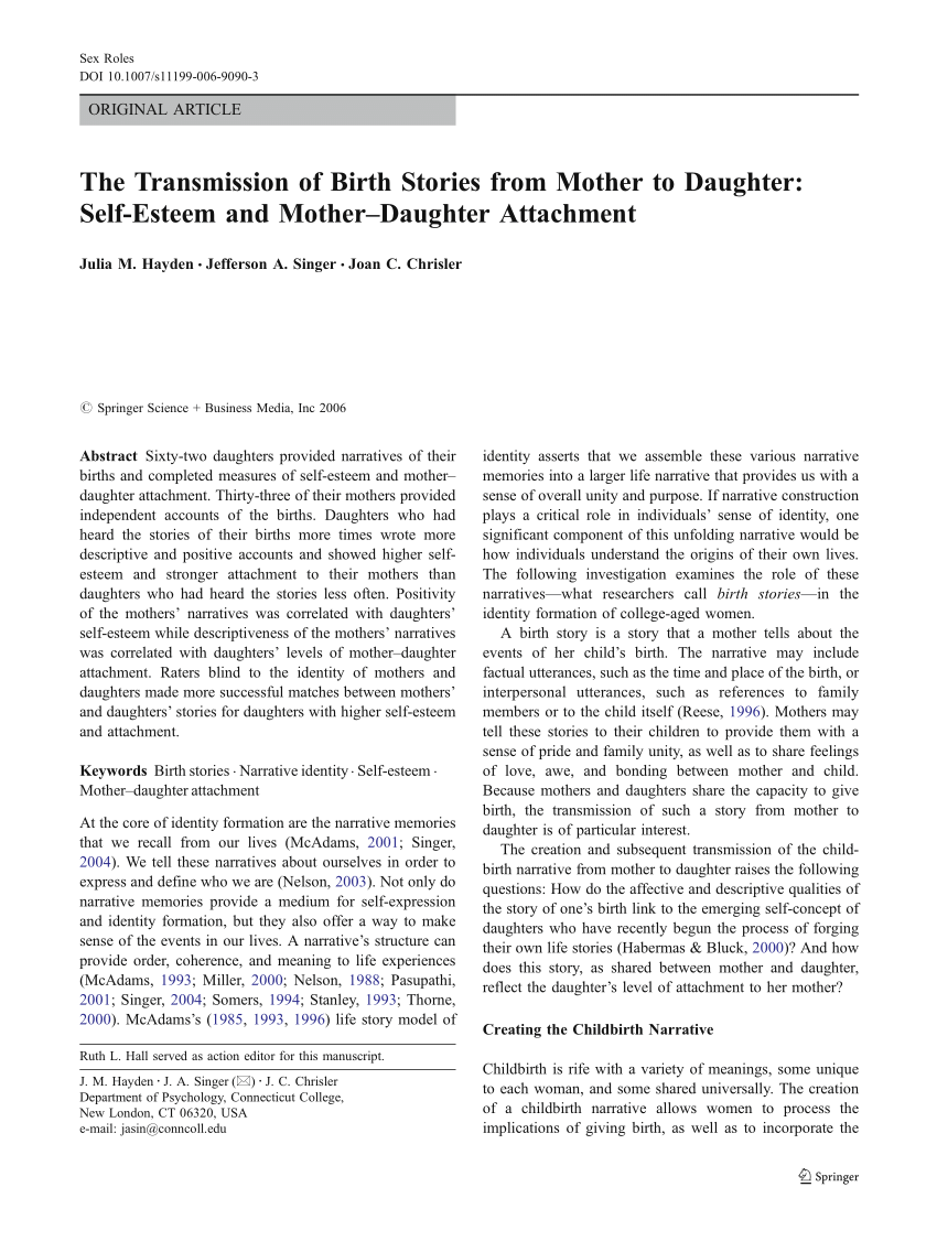 PDF) The Transmission of Birth Stories from Mother to Daughter: Self-Esteem  and Mother–Daughter Attachment