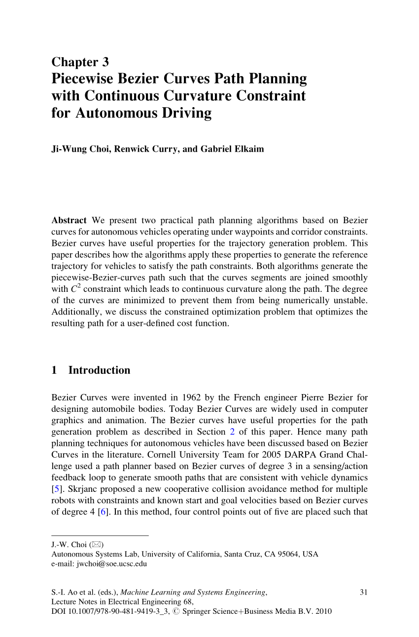 Pdf Piecewise Bezier Curves Path Planning With Continuous Curvature Constraint For Autonomous Driving