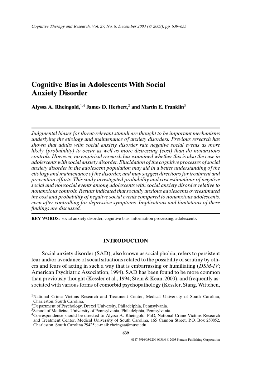 Pdf Cognitive Bias In Adolescents With Social Anxiety Disorder