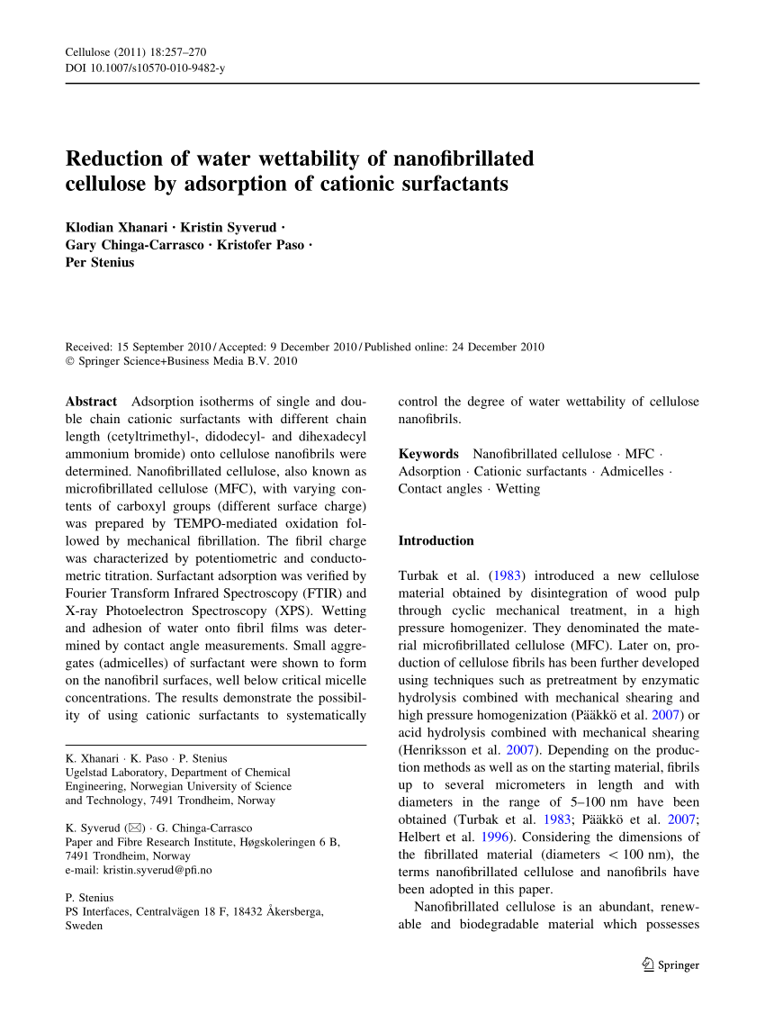 Pdf Reduction Of Water Wettability Of Nanofibrillated Cellulose By Adsorption Of Cationic Surfactants
