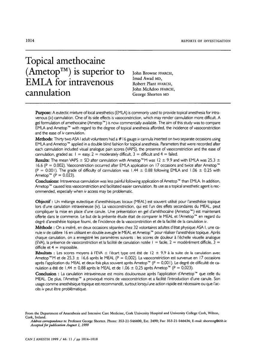 Pdf Topical Amethocaine Ametop Tm Is Superior To Emla For