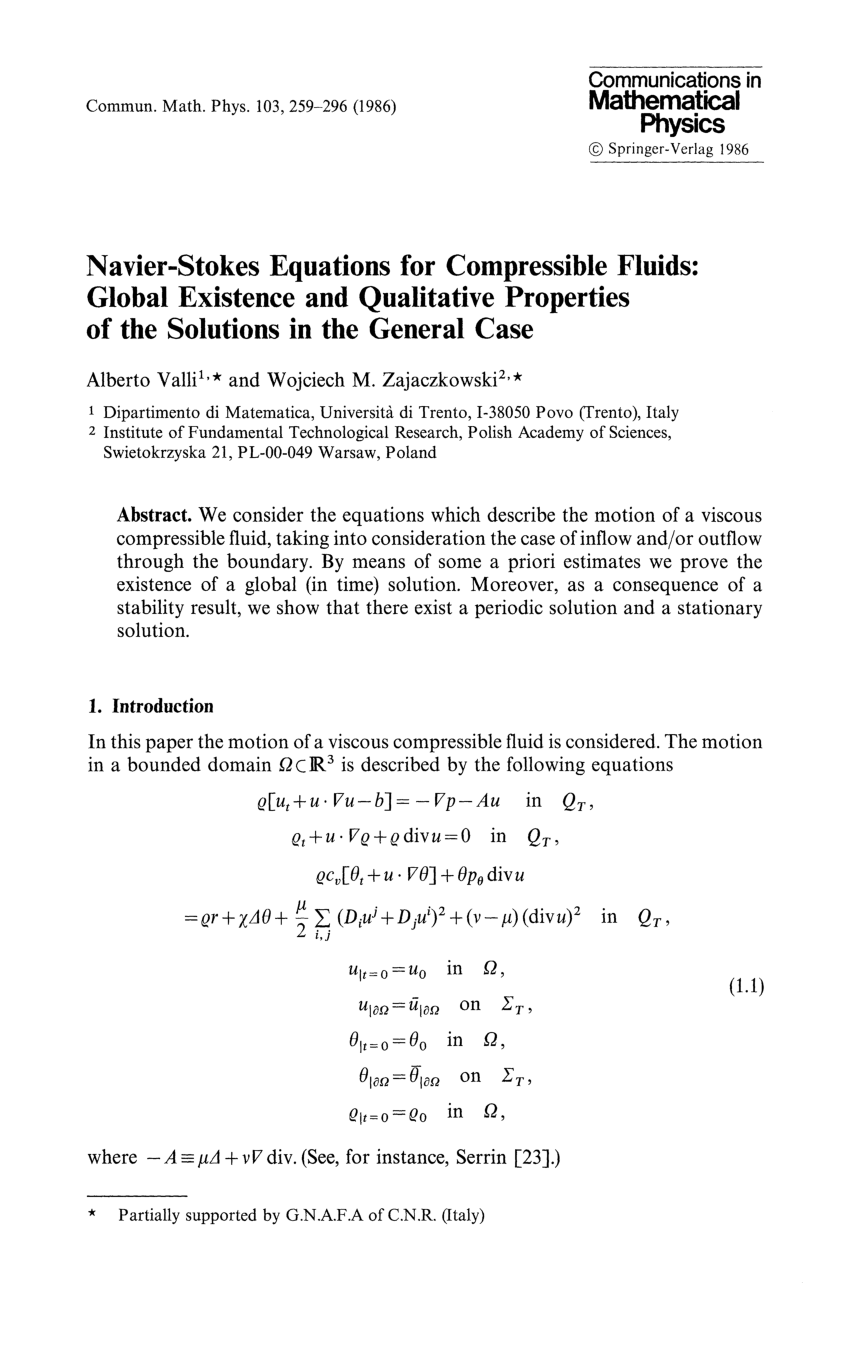 Pdf Navier Stokes Equations For Compressible Fluids Global Existence And Qualitative Properties Of The Solutions In The General Case