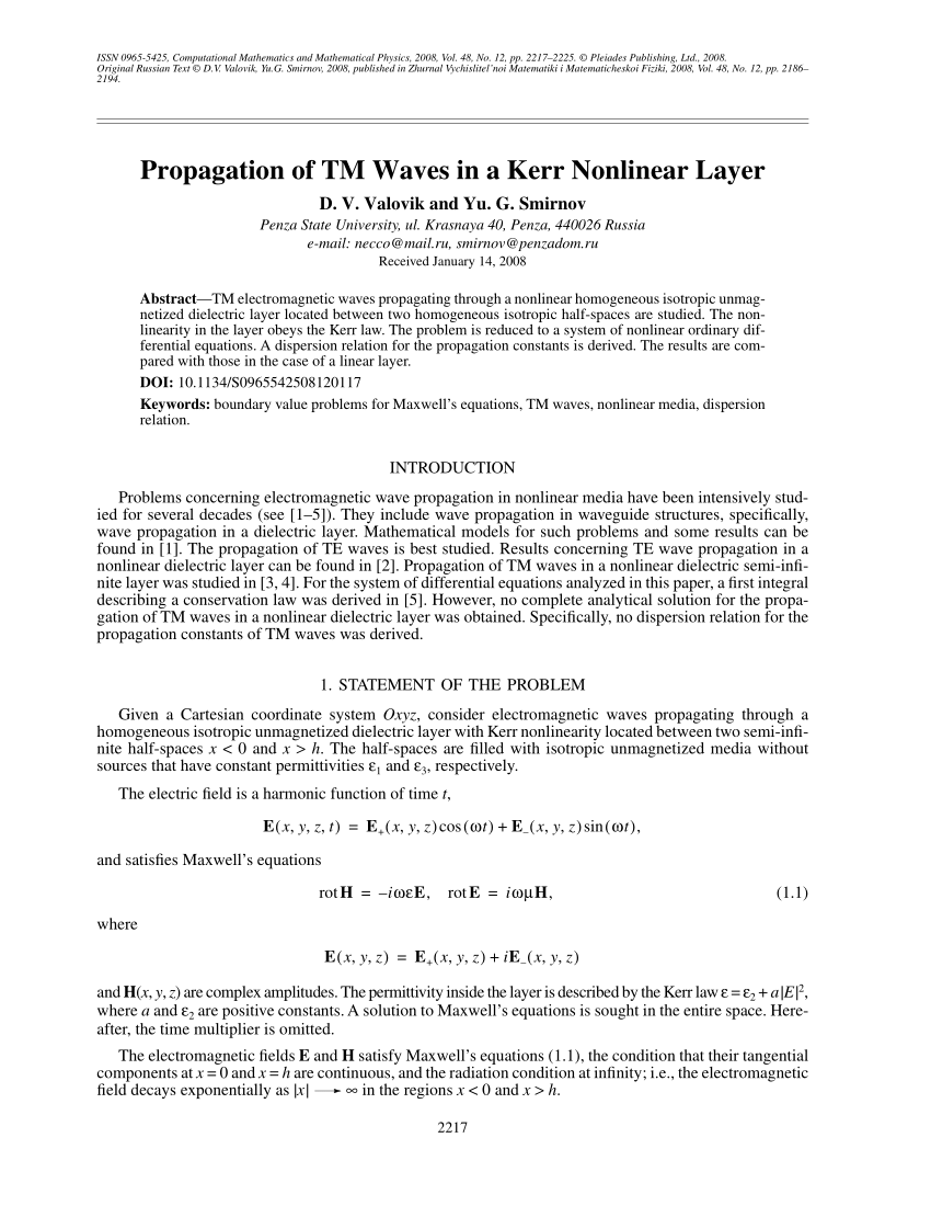 Pdf Propagation Of Tm Waves In A Kerr Nonlinear Layer