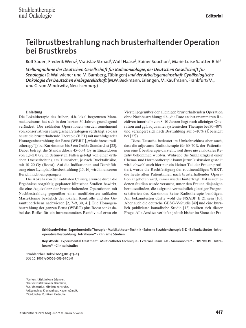 Pdf Teilbrustbestrahlung Nach Brusterhaltender Operation Bei Brustkrebs