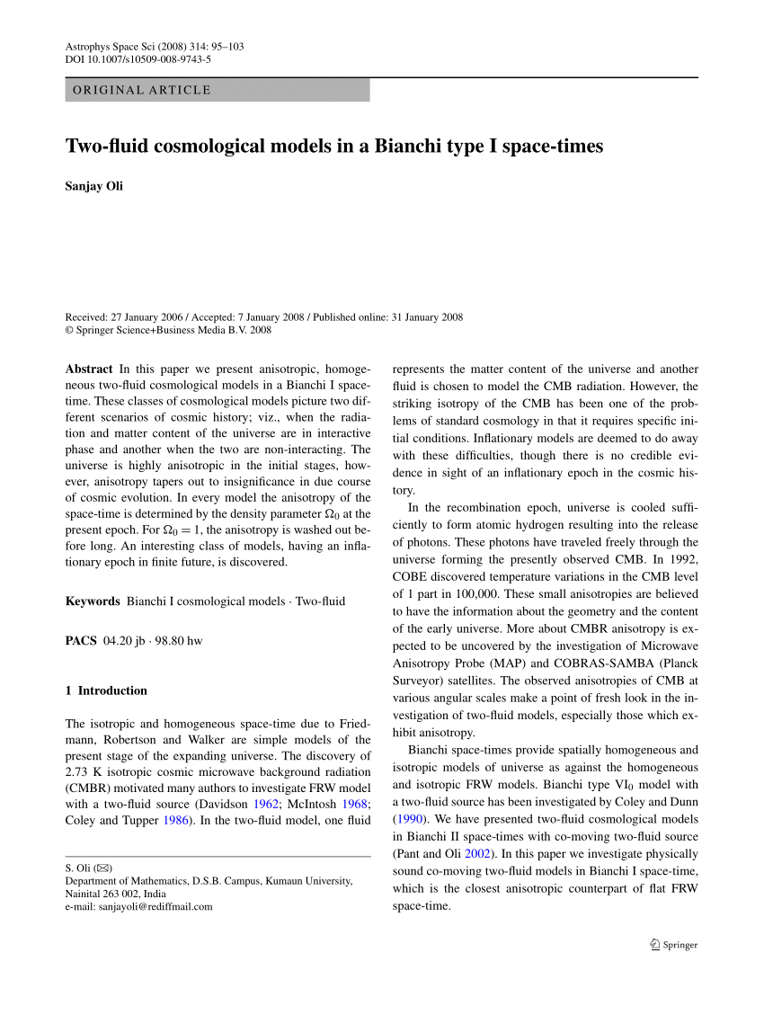 PDF) Two-fluid cosmological models in a Bianchi type I space-times
