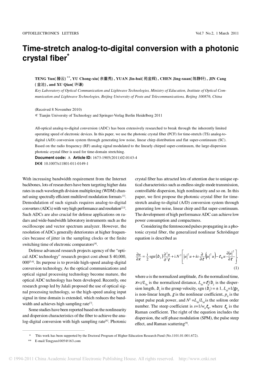 Pdf Time Stretch Analog To Digital Conversion With A Photonic Crystal Fiber