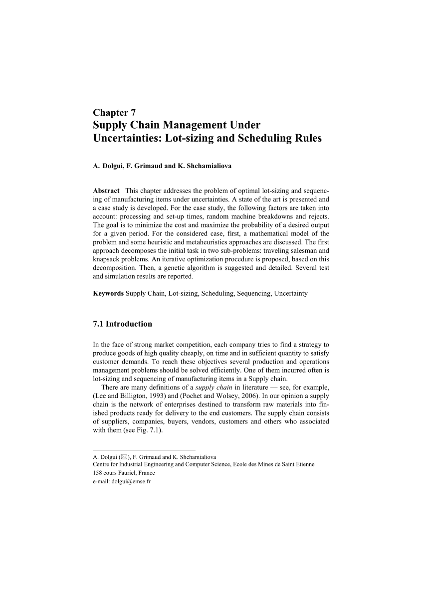 Pdf Supply Chain Management Under Uncertainties Lot Sizing And Scheduling Rules