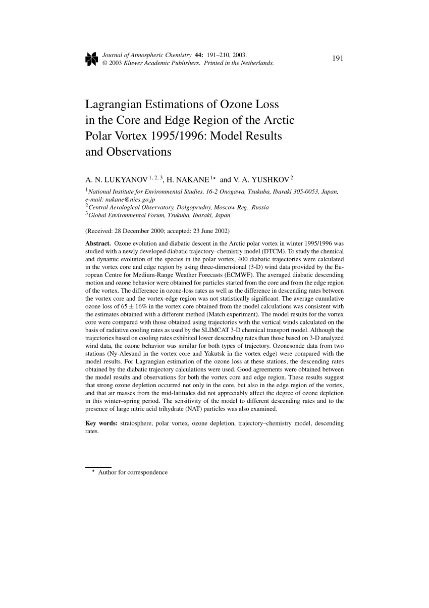 Pdf Lagrangian Estimations Of Ozone Loss In The Core And Edge Region Of The Arctic Polar Vortex 1995 1996 Model Results And Observations