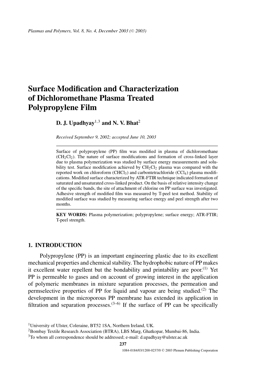 Pdf Surface Modification And Characterization Of Dichloromethane Plasma Treated Polypropylene Film