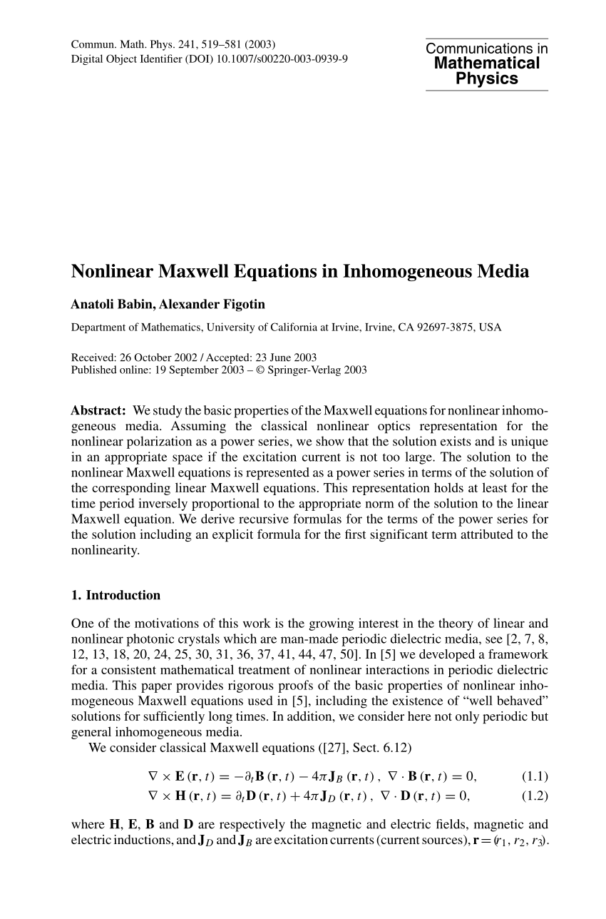 Pdf Nonlinear Maxwell Equations In Inhomogeneous Media
