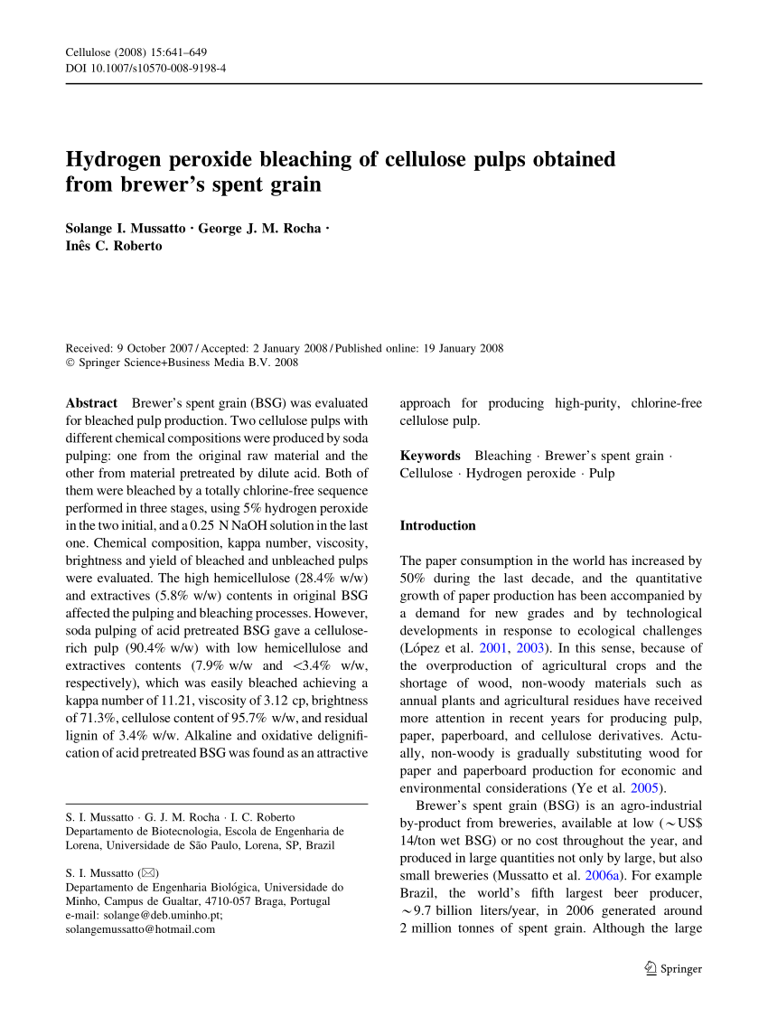 Pdf Hydrogen Peroxide Bleaching Of Cellulose Pulps Obtained From Brewer S Spent Grain