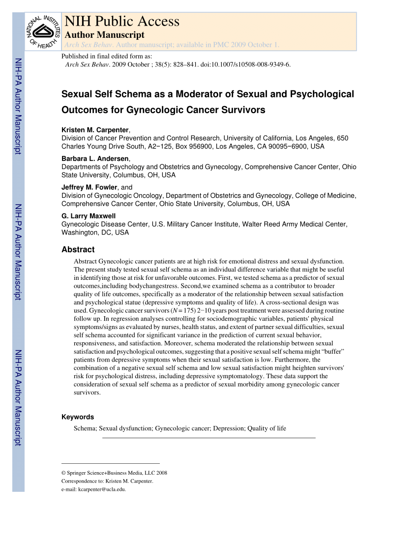 Pdf Sexual Self Schema As A Moderator Of Sexual And Psychological Outcomes For Gynecologic