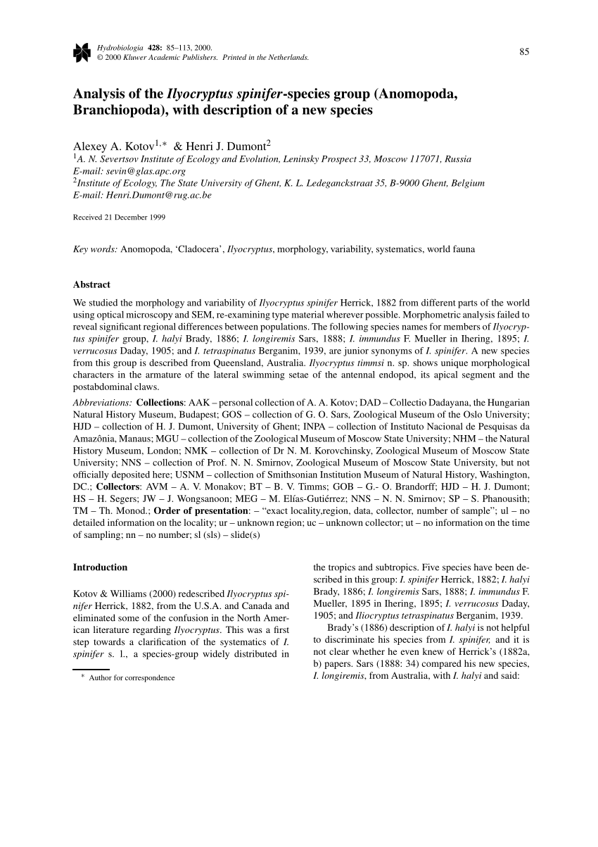 PDF) Analysis of the Hyocryptus spinifer-species group (Anomopoda