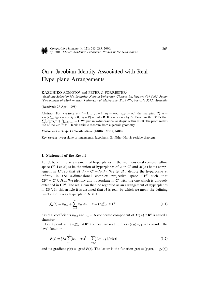Pdf On A Jacobian Identity Associated With Real Hyperplane Arrangements