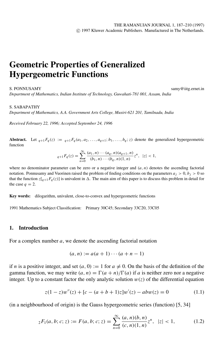 Pdf Geometric Properties Of Generalized Hypergeometric Functions