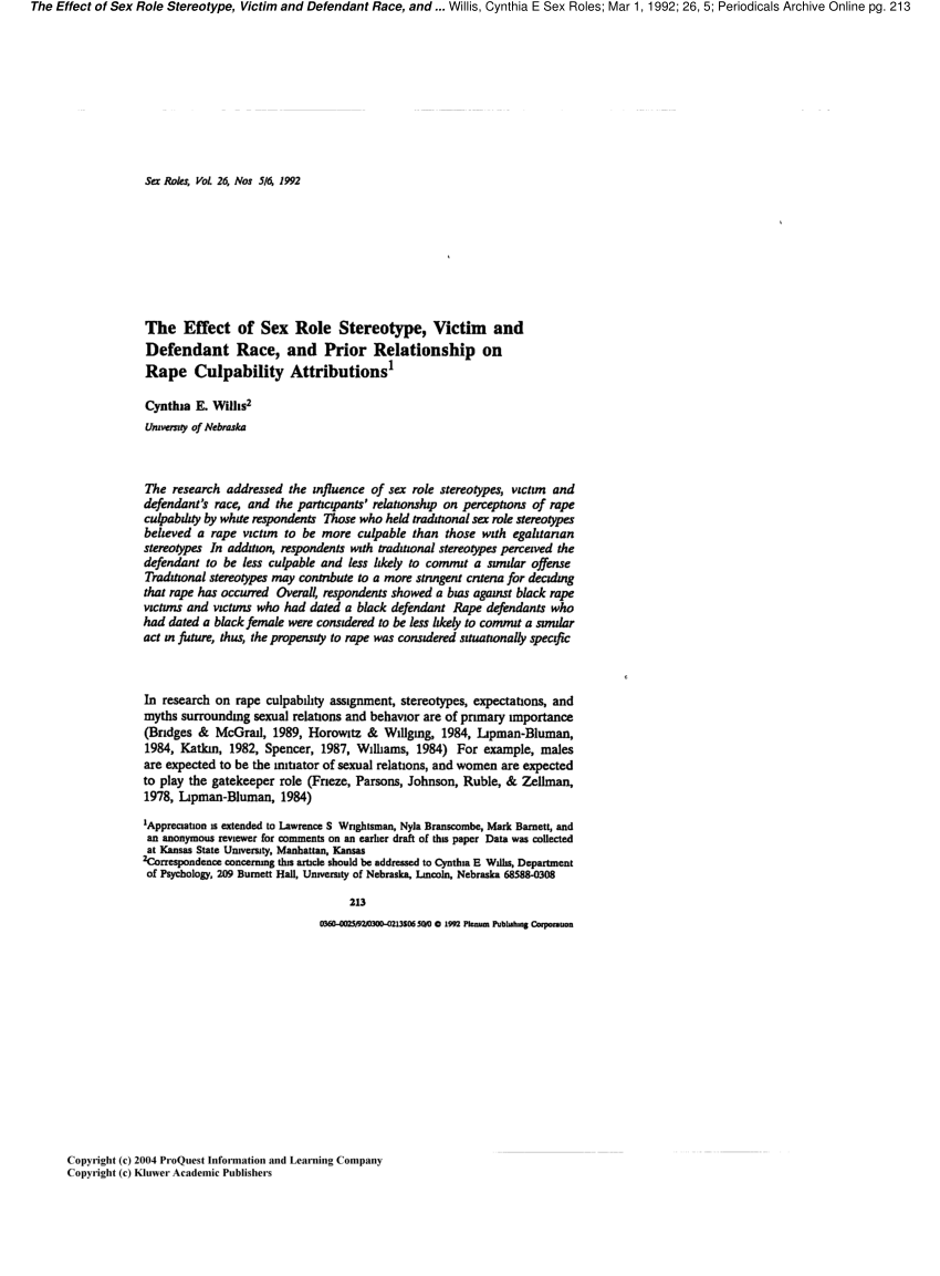 PDF) The Effect of Sex Role Stereotype, Victim and Defendant Race, and  Prior Relationship on Rape Culpability Attributions