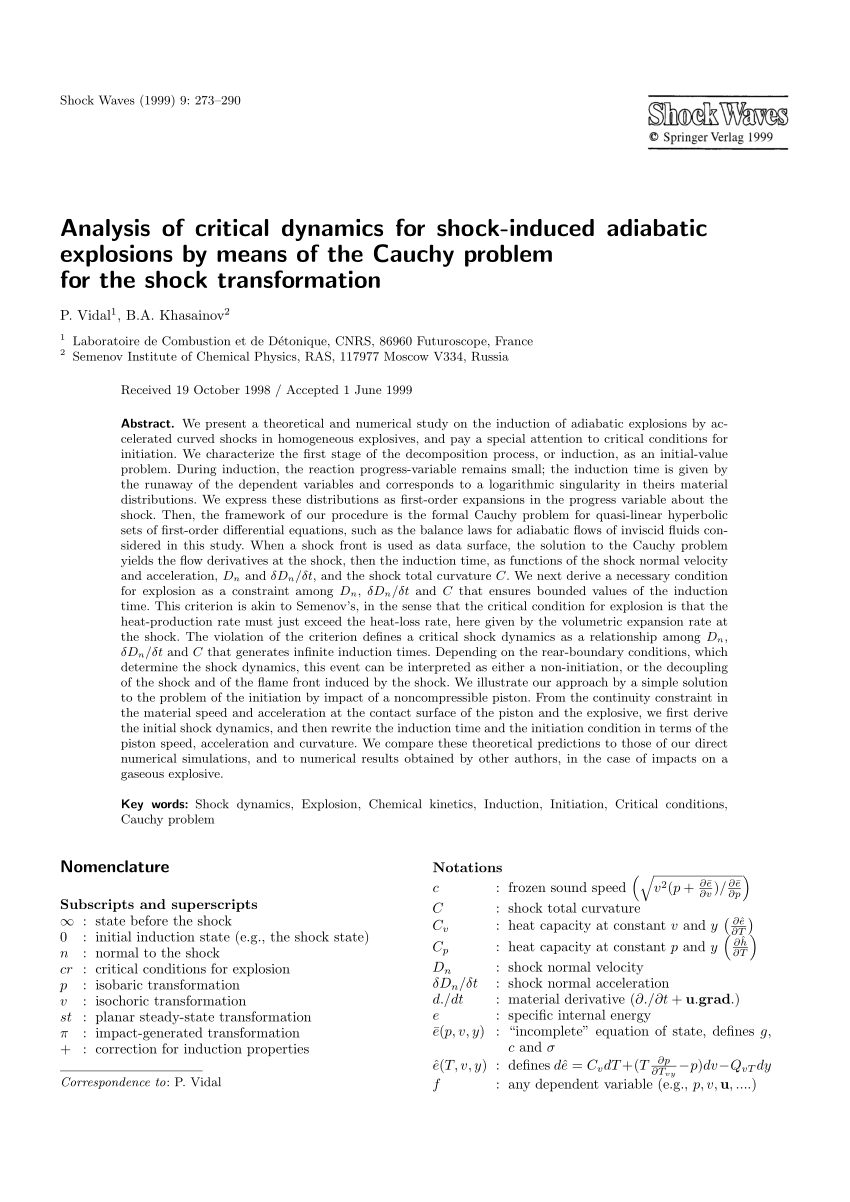 Pdf Analysis Of Critical Dynamics For Shock Induced Adiabatic Explosions By Means Of The Cauchy Problem For The Shock Transformation
