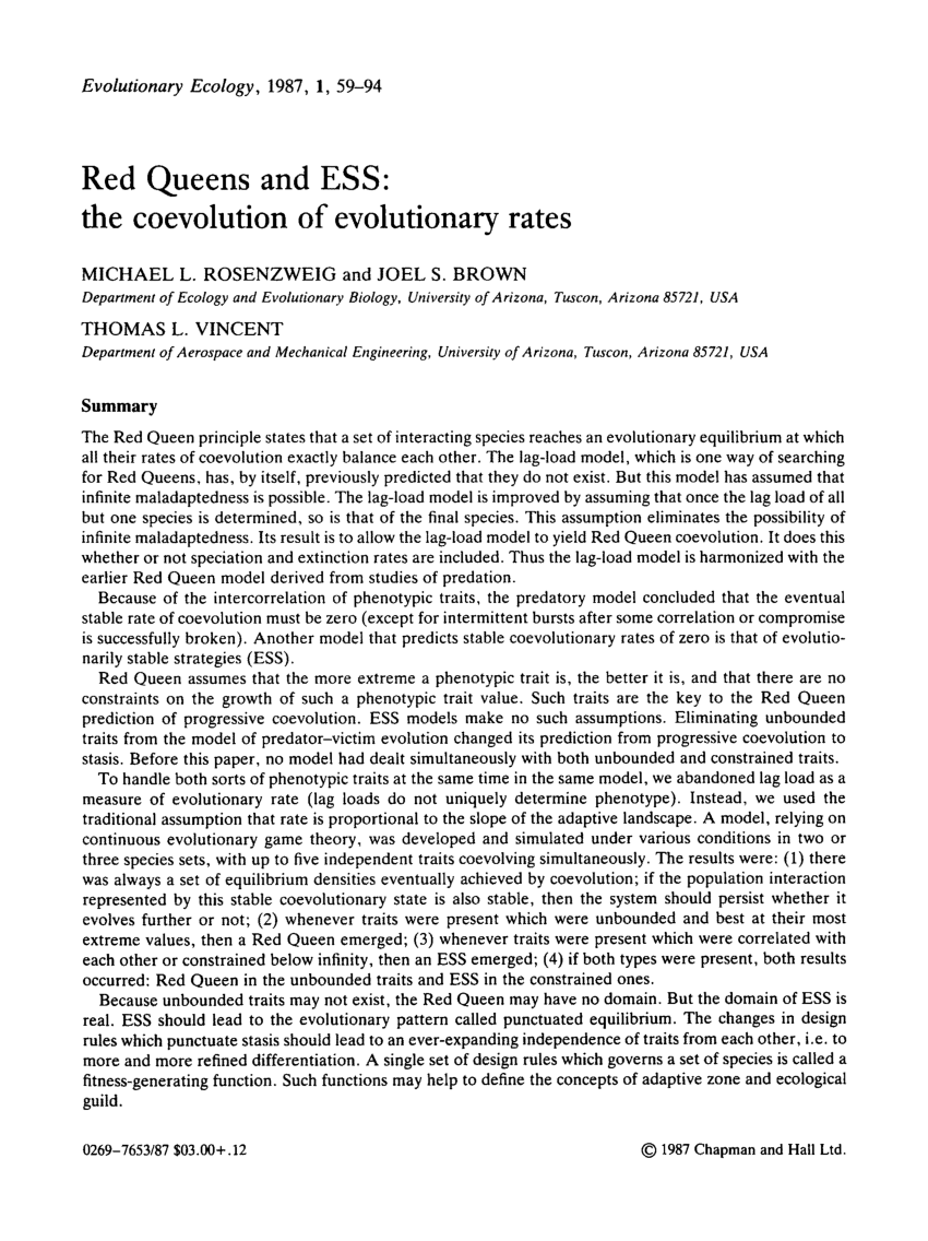 Pdf Red Queens And Ess The Coevolution Of Evolutionary Rates