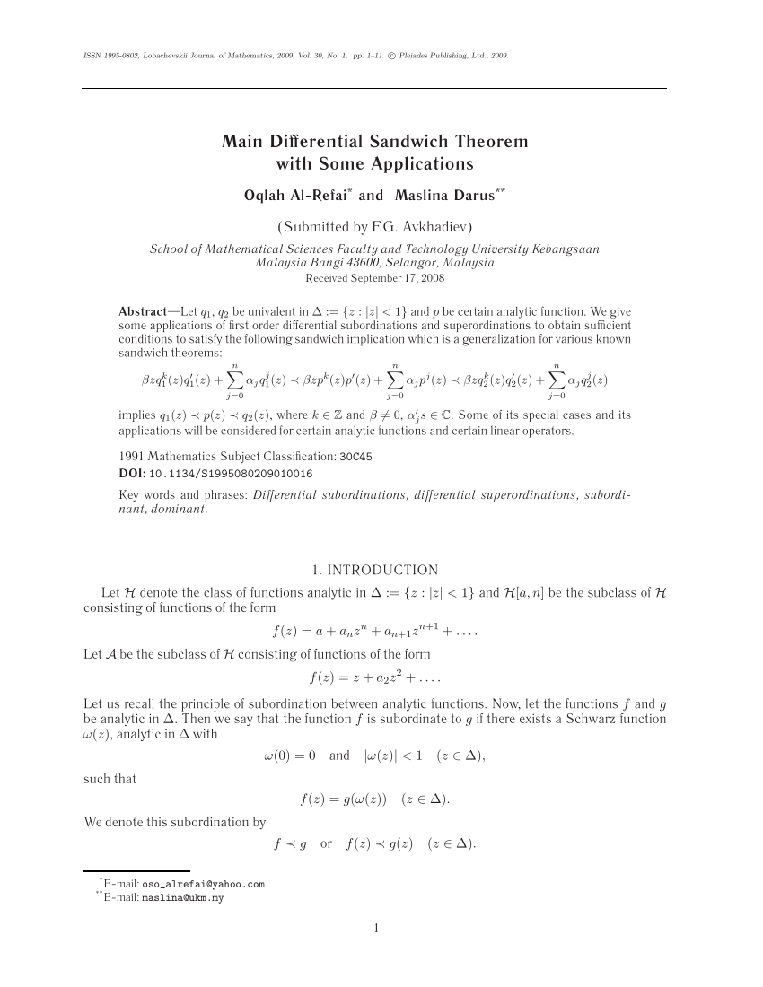 Pdf Main Differential Sandwich Theorem With Some Applications