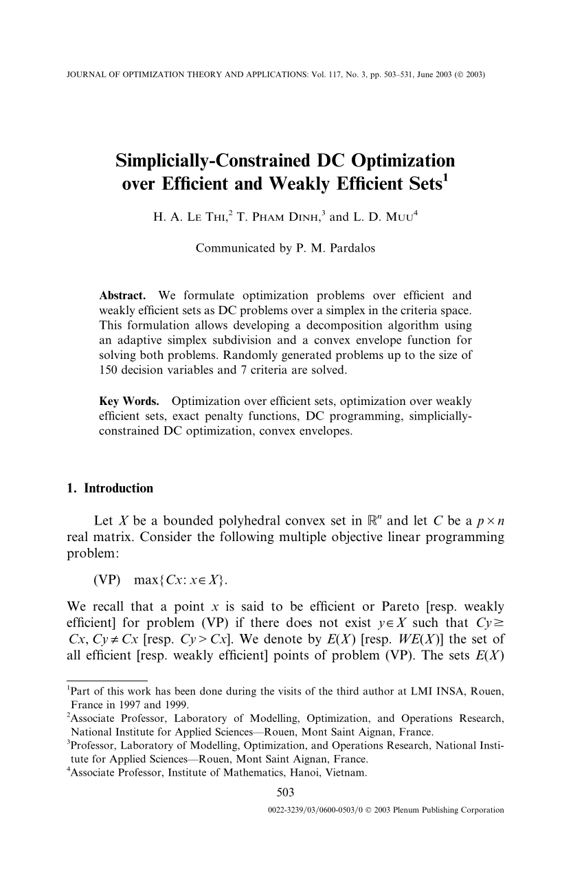 Pdf Simplicially Constrained Dc Optimization Over Efficient And Weakly Efficient Sets