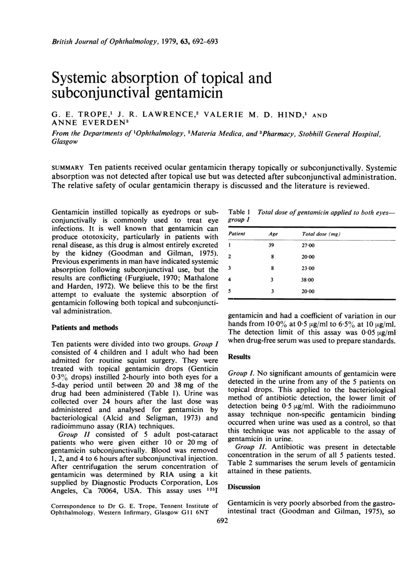 Pdf Systemic Absorption Of Topical And Subconjunctival Gentamicin