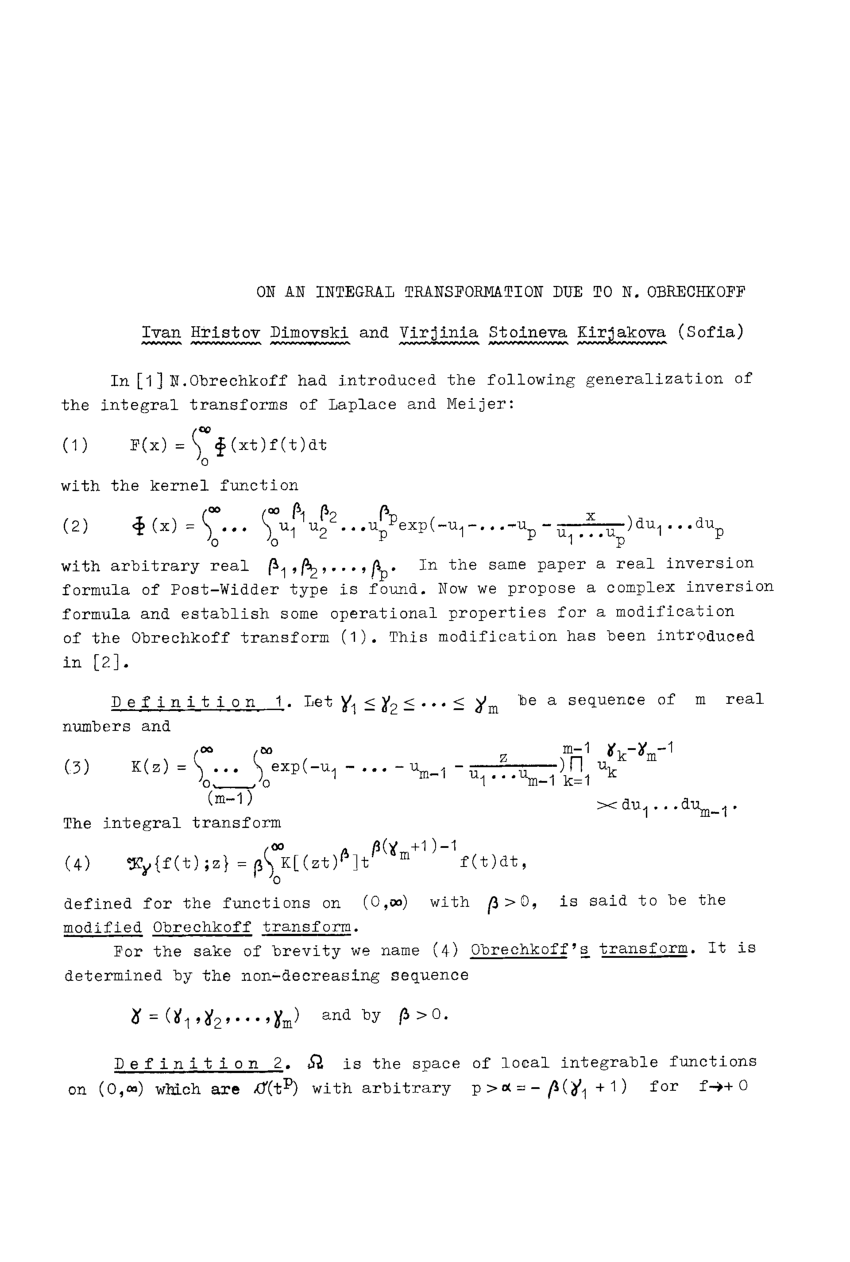 Pdf On An Integral Transformation Due To N Obrechkoff