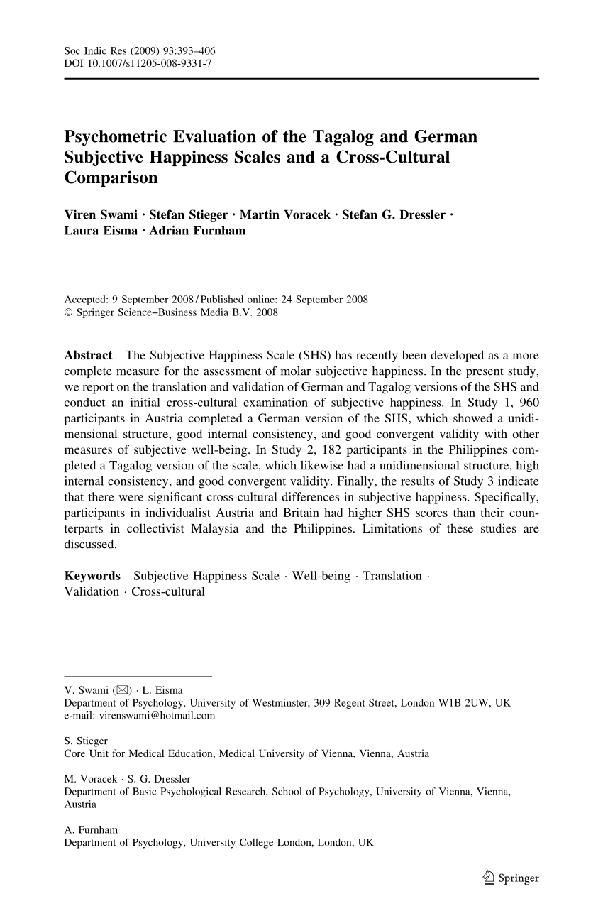 Pdf Psychometric Evaluation Of The alog And German Subjective Happiness Scales And A Cross Cultural Comparison