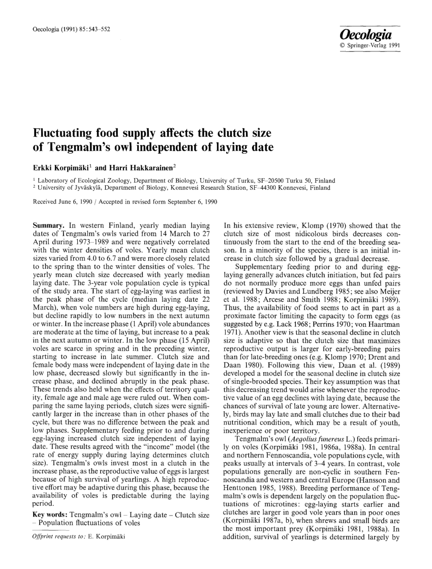 Mean (±SD) clutch size of Tengmalm's Owls in nine ten-day laying