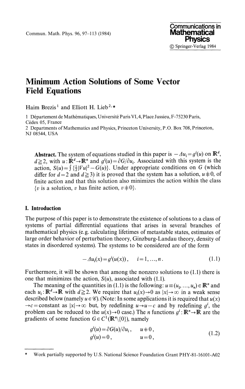 Pdf Minimum Action Solutions Of Some Vector Field Equations