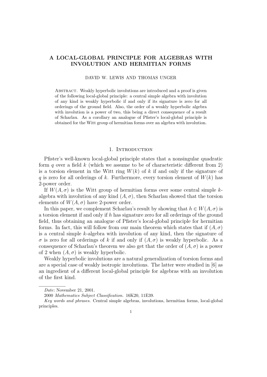 Pdf) A Local–Global Principle For Algebras With Involution And Hermitian Forms
