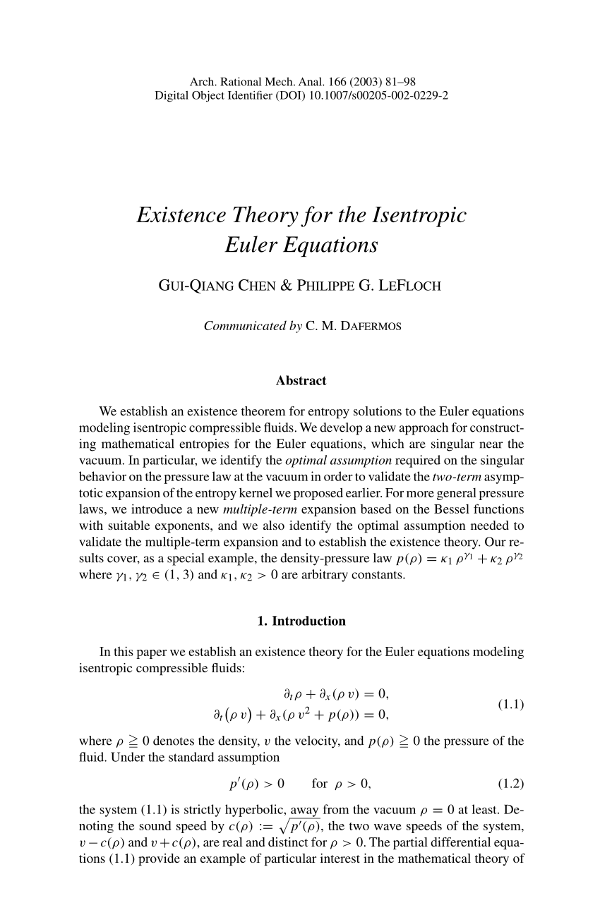 Pdf Existence Theory For The Isentropic Euler Equations