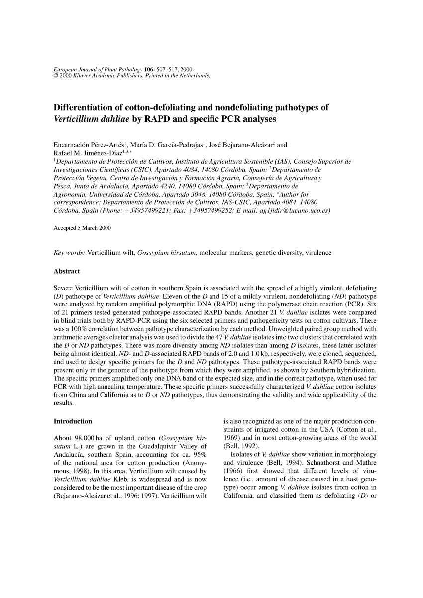 PDF) Biological Characteristics of Verticillium dahliae MAT1-1 and