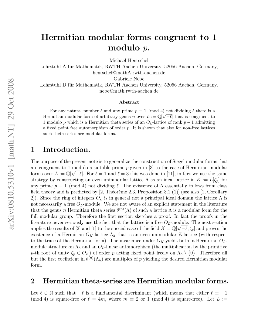 Pdf Hermitian Modular Forms Congruent To 1 Modulo P