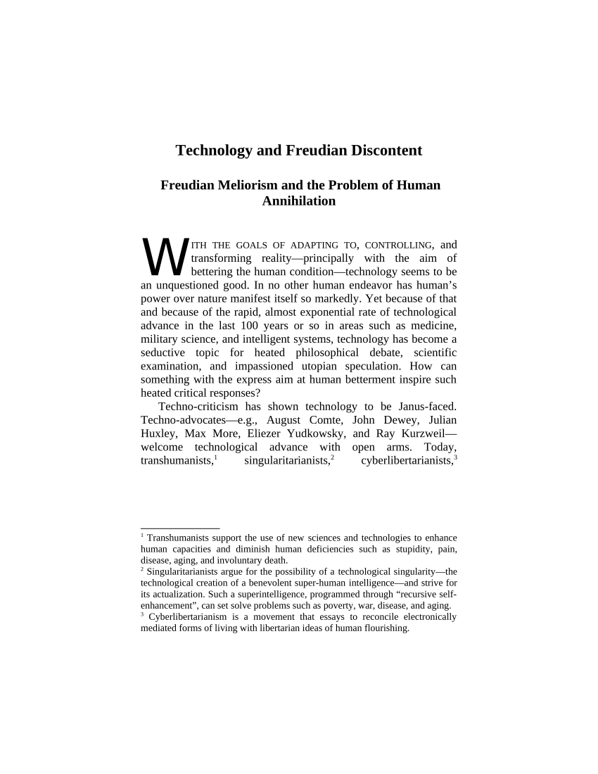 Pdf Technology And Freudian Discontent Freud S Muffled Meliorism And The Problem Of Human Annihilation