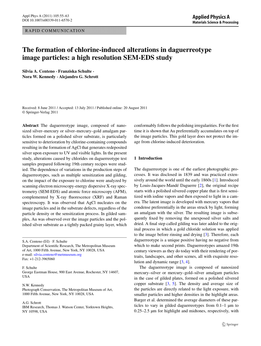 Pdf The Formation Of Chlorine Induced Alterations In Daguerreotype Image Particles A High Resolution Sem Eds Study