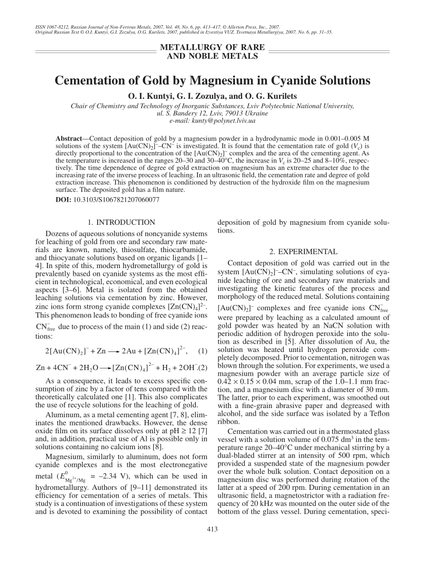 Pdf Cementation Of Gold By Magnesium In Cyanide Solutions