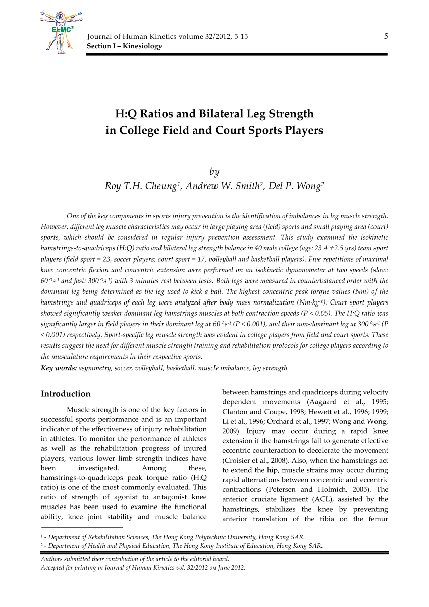 Pdf H Q Ratios And Bilateral Leg Strength In College Field And Court Sports Players