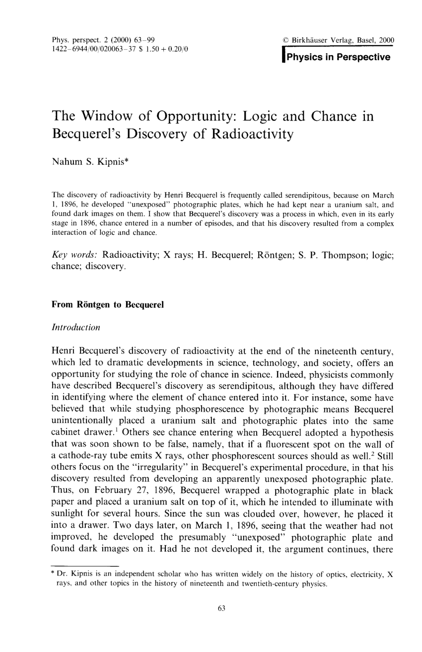 Pdf The Window Of Opportunity Logic And Chance In Becquerel S Discovery Of Radioactivity