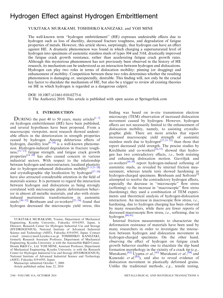 PDF) Hydrogen Effect against Hydrogen Embrittlement